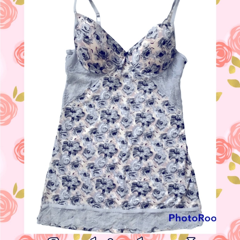 Sophie B Rene Rofe Gray floral💌Negligee Nightie TOP Lace Inserts Size L